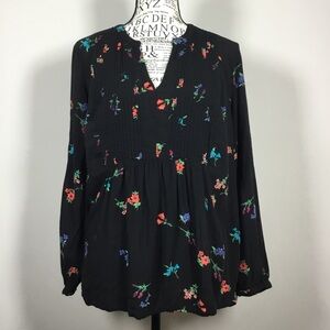 Black long sleeve pleat front multicolor flower top hippie boho fairy sz S